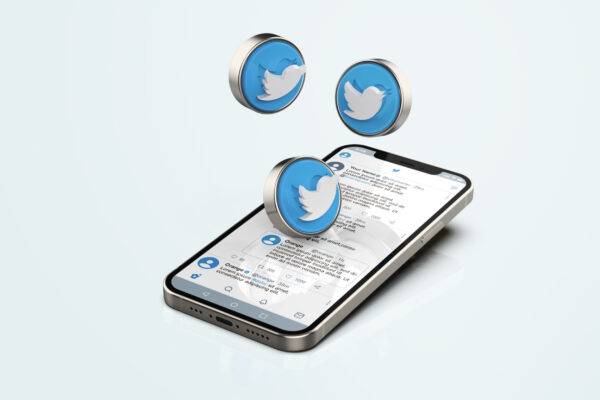 Twitter on Silver Mobile Phone Mockup with 3d icons